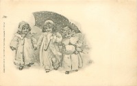 Ретро открытки - Зимняя прогулка. Дети под зонтом