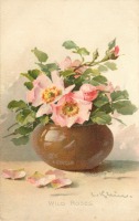 Ретро открытки - Среди цветов. Розовый шиповник в коричневой вазе