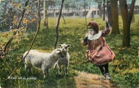 Ретро открытки - Девочка на качелях и две овечки