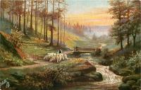Ретро открытки - Дорога в лесу, пастух и стадо овец у горного ручья