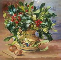 Ретро открытки - Отролист с красными ягодами и омела в кувшине с лесными орехами на столе