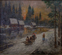 Картины - Константин Коровин. Закат над зимней деревней