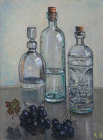 Картины - Хильда ван Стокум. Натюрморт с бутылками и виноградом