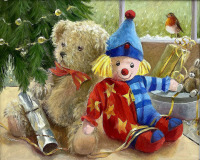 Картины - Айрис Коллетт. Рождественские игрушки и малиновка в окне