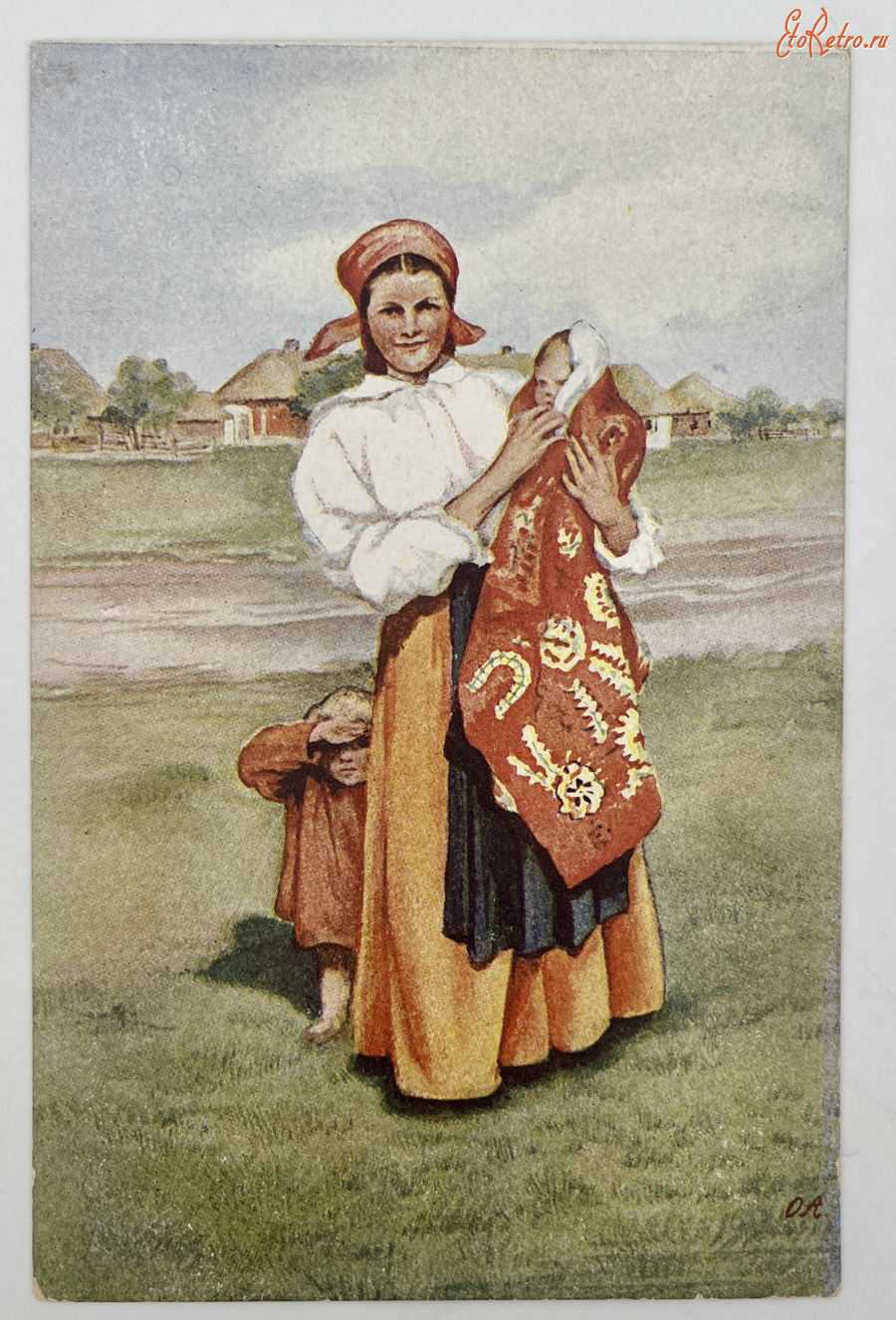 Ретро открытки - Крестьянка с детьми
