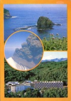 Ретро открытки - Открытка. Сахалинская область. Вид на морские просторы. Извержение вулкана на Курилах. Санаторий 