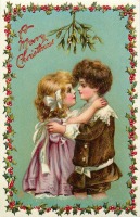 Ретро открытки - С Рождеством. Объятия под веткой омелы