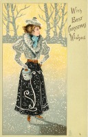 Ретро открытки - Рождественский гламур. Женщина в голубом шарфе с муфтой