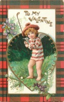 Ретро открытки - Моей Валентине. Влюбленный купидон-гольфист в тельняшке