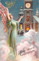 Ретро открытки - С Новым Годом, Ангел и счастливые часы