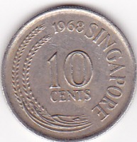 Старинные деньги (бумажные, монеты) - 10 центов 1968г.Сингапур.