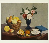 Картины - Натюрморт с камелиями в голубой вазе и корзиной фруктов