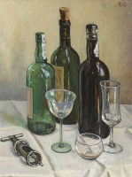 Картины - Хильда ван Стокум. Натюрморт с винными бутылками и бокалам