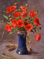 Картины - Энн Коттерилл. Красные маки в синей вазе и колосья. Воспоминания о лете