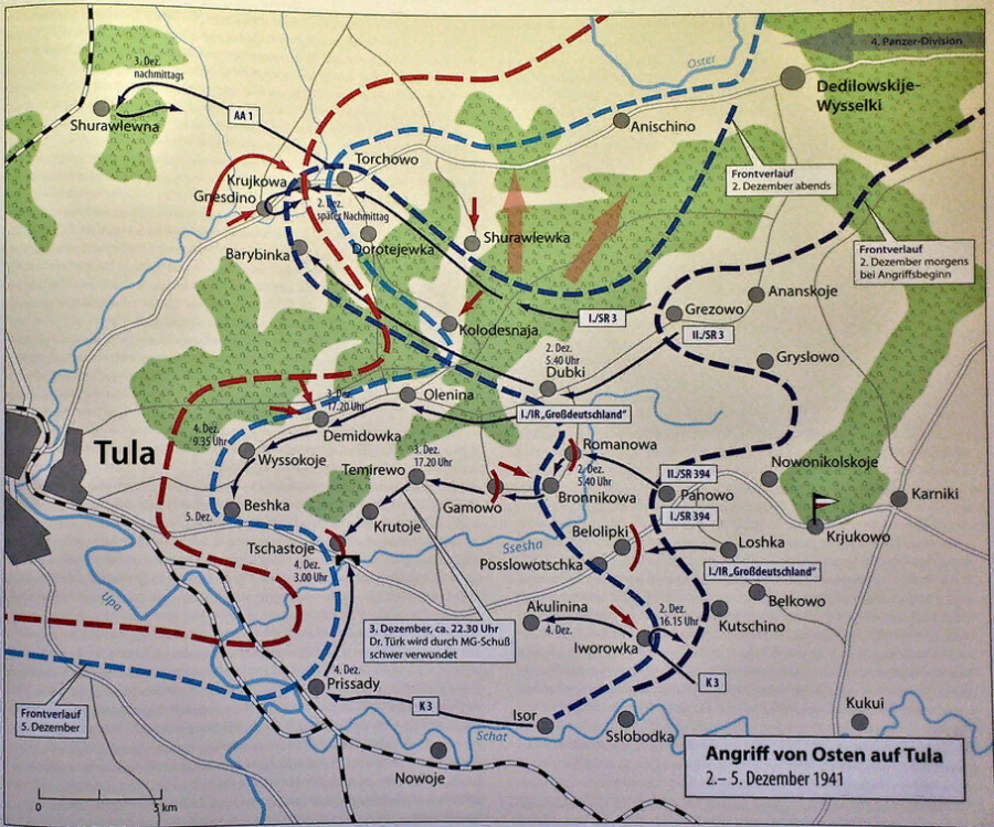 Болохово - Карта расположения немецких войск под Тулой 2 - 5 декабря 1941 года. Через день начнётся наступление Советских войск под Москвой.