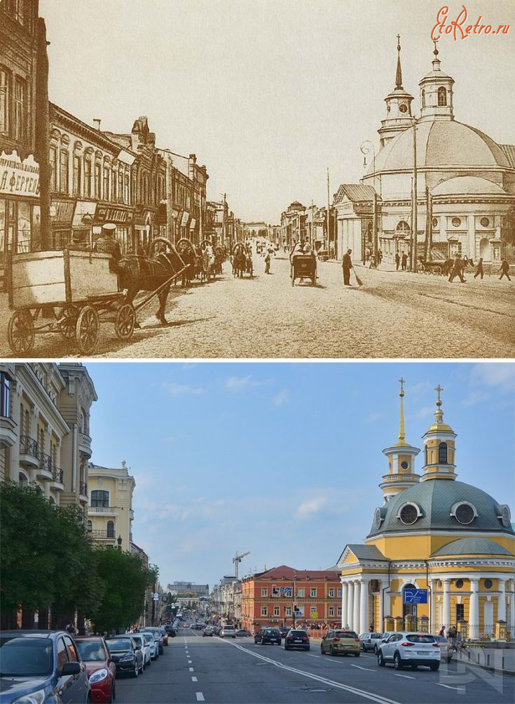 Киев - Київ давній і теперішній.  Вид на вулицю Олександрівську та Петра Сагайдачного від Поштової площі.