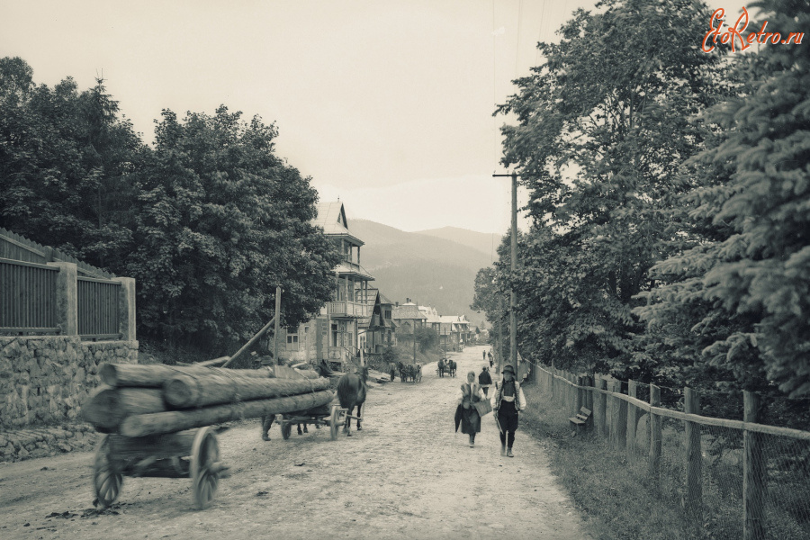 Яремче - Микуличин.   Підвода з лісом на дорозі.