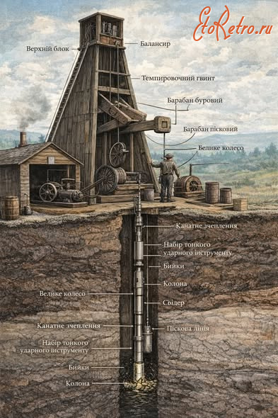 Борислав - Борислав.  Свердловина  ударно-канатного буріння в розрізі.