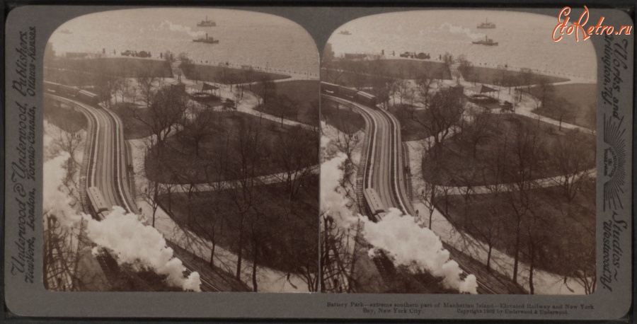 Нью-Йорк - Battery Park,extreme southern part of Manhattan island, elevated railway and New York Bay США,  Нью-Йорк (штат),  Нью-Йорк,  Манхеттен