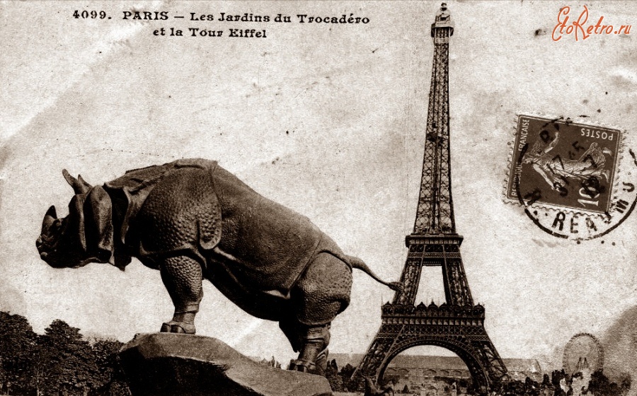 Париж - PARIS - Les Jardins du Trocad?ro et la Tour Eiffel Gros plan sur la statue du Rhinoc?ros