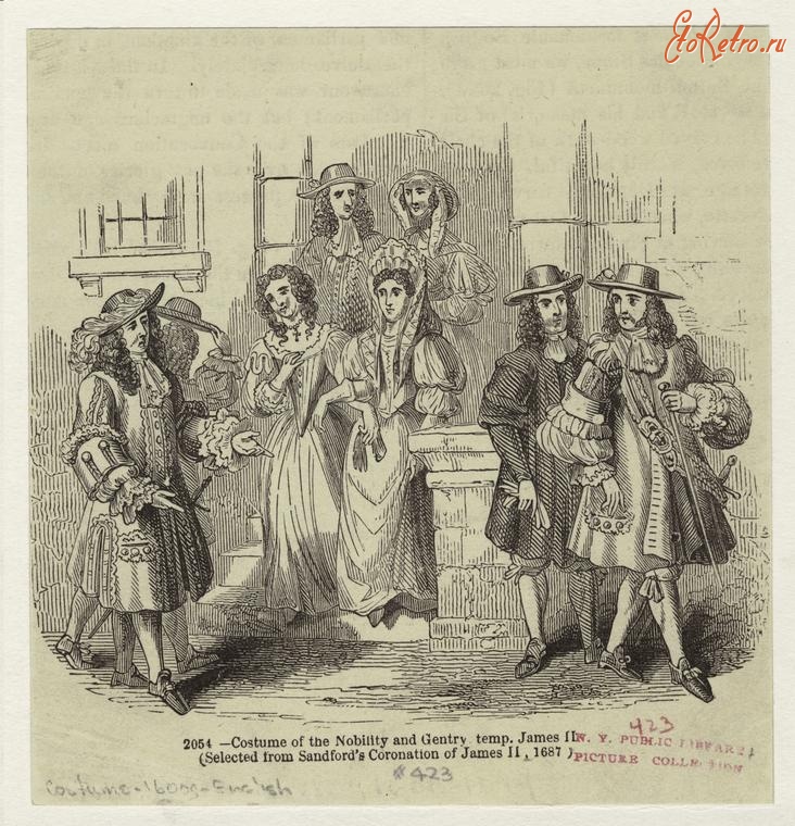 Ретро мода - Английский костюм XVII в.  Костюм знати эпохи Джеймса II. Сцена коронации Джеймса II, 1687