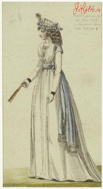 Ретро мода - Английский женский костюм XVIII в.  Вечернее платье в греческом стиле, 1795