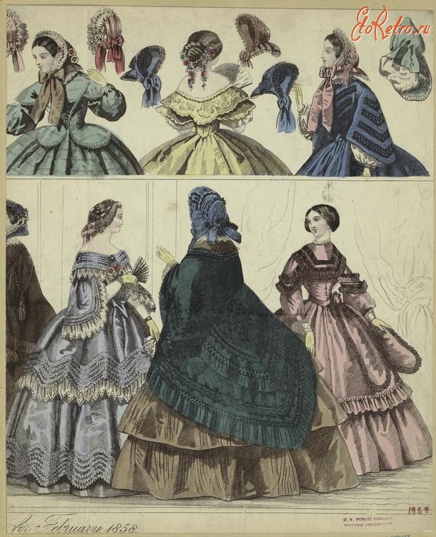 Ретро мода - Женский костюм. Англия, 1850-1859. Длинные платья и шляпки, 1858