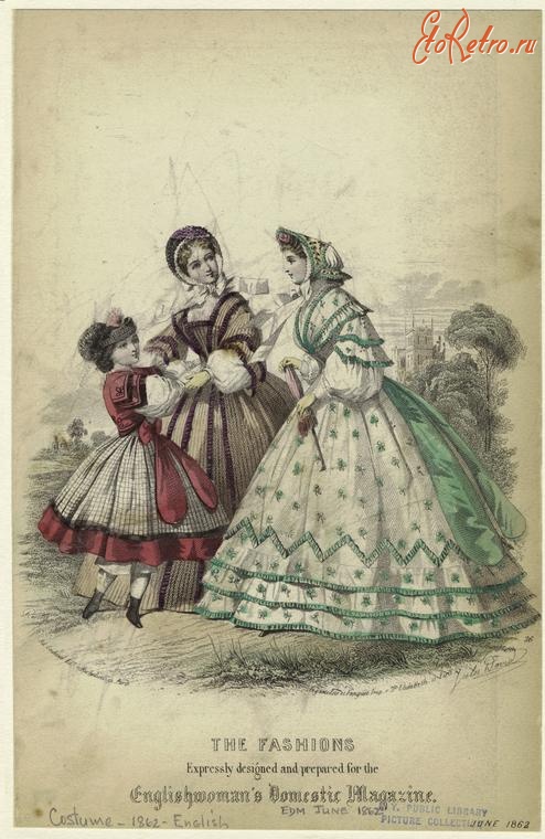 Ретро мода - Женский костюм. Англия, 1860-1869. Модные платья и шляпки, 1862