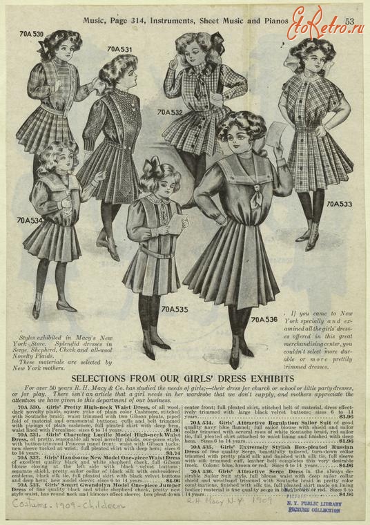 Ретро мода - Детский костюм, 1900-1909. Платья для девочек, 1909