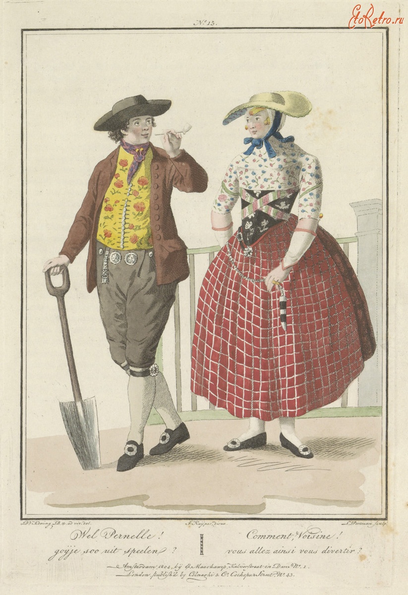 Ретро мода - Фермер с лопатой и трубкой и женщина в красной юбке