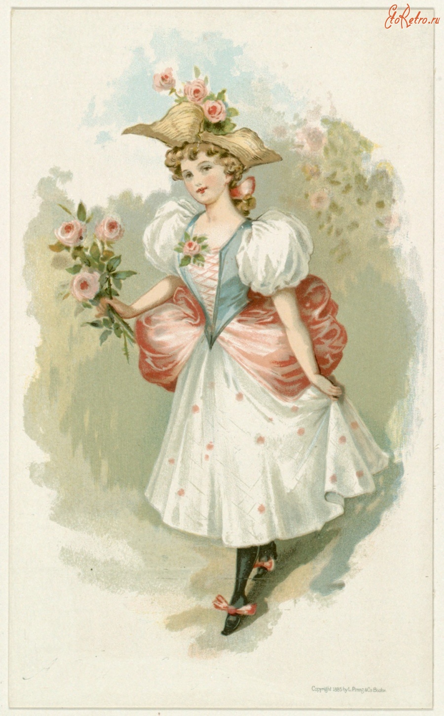 Ретро мода - Девушка с букетом роз в белом платье с корсетом