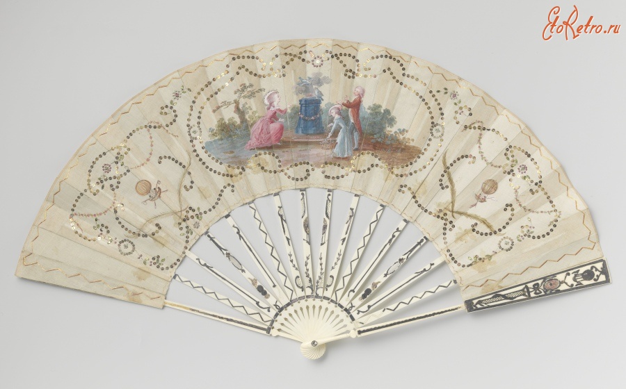 Ретро мода - Шелковый веер с жанровой сценой и воздушными шарами братьев Монгольфье, 1783