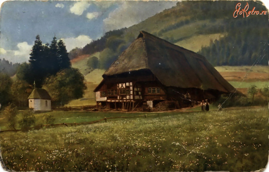 Ретро открытки - Лесной дом с часовней