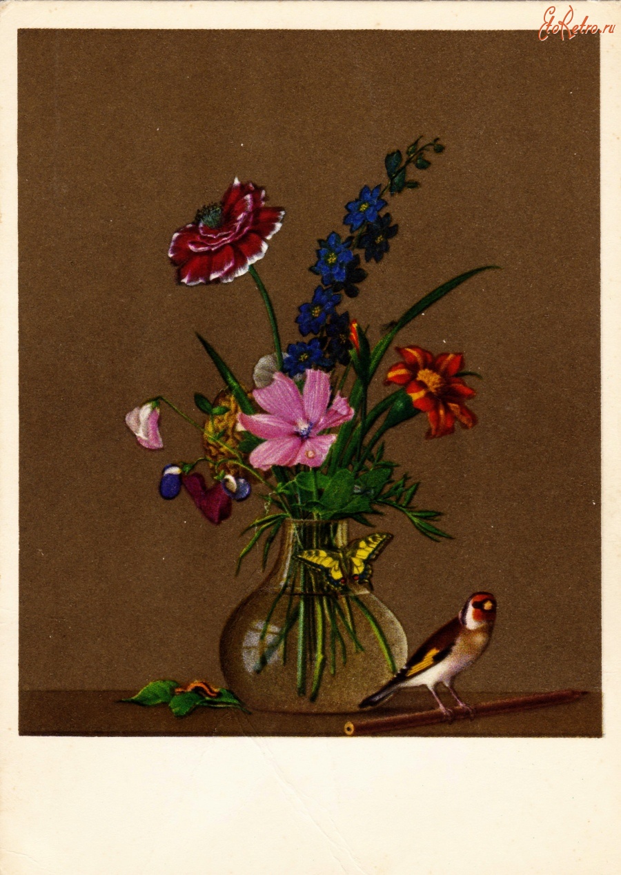 Ретро открытки - Букет цветов, бабочка и птичка