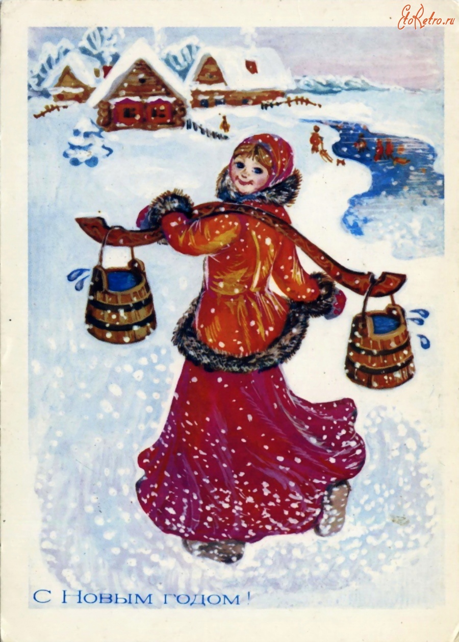 Русская девушка с коромыслом зимой