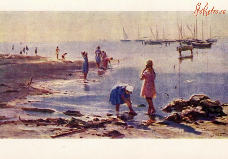 Красная ретро открытка с парусником в море, на - клипарт в векторе / векторное изображение