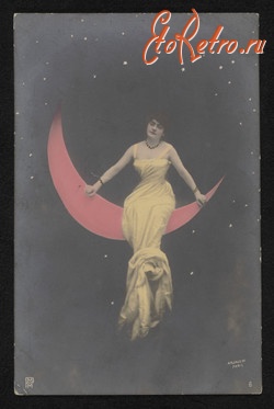 Ретро открытки - Ретро-поштівка.  Жінка сидить на Місяці, як на качелі.