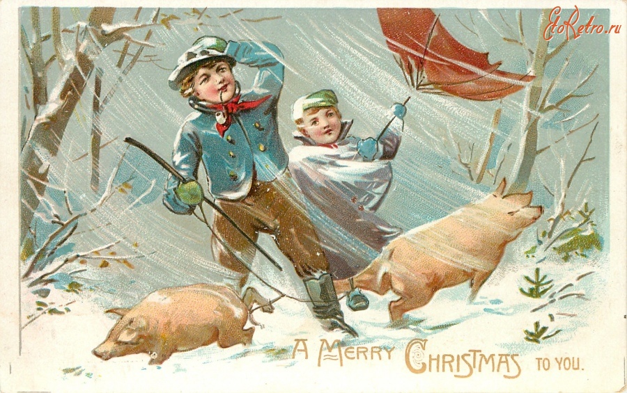 Ретро открытки - С Рождеством. Снежная буря
