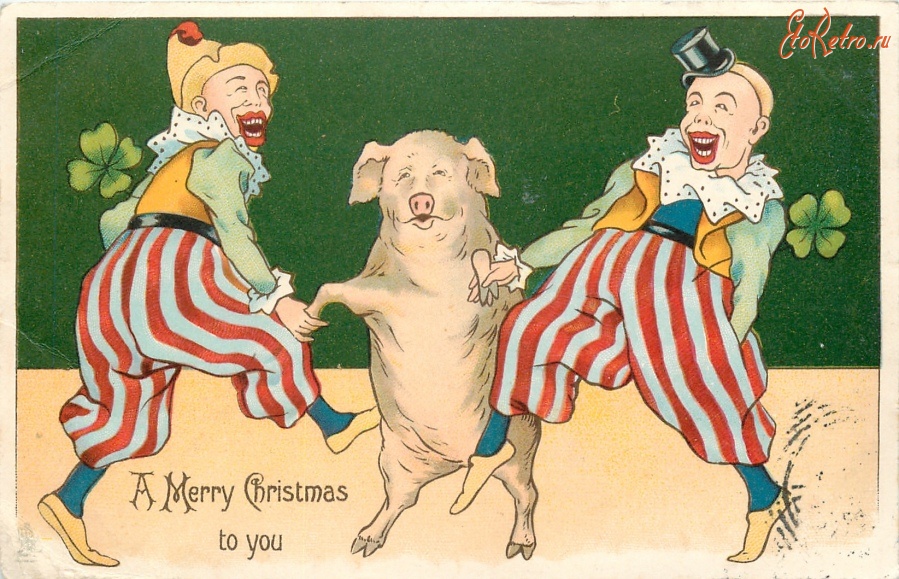 Ретро открытки - Рождественские поздравления.  Два клоуна и свинка