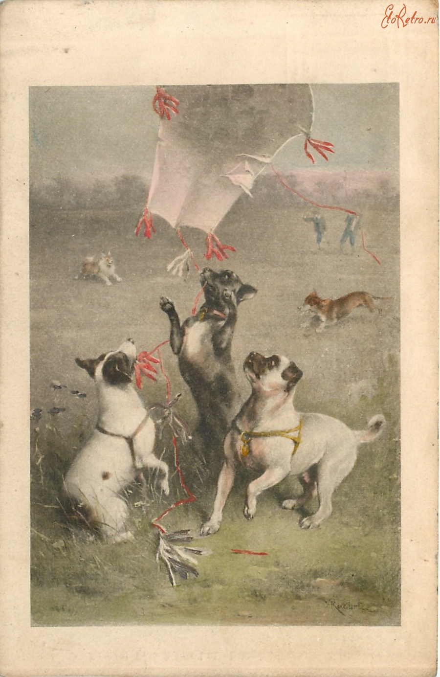 Ретро открытки - Три собаки и воздушный змей
