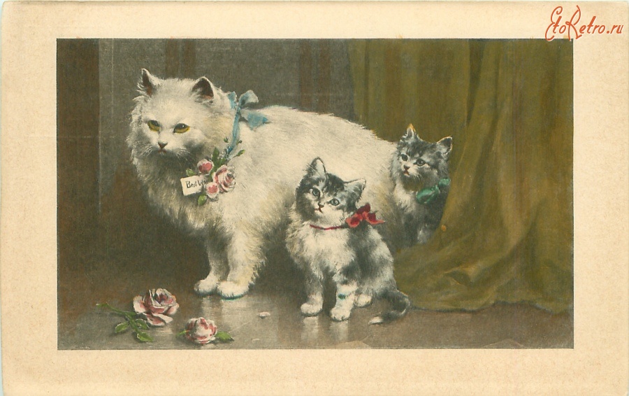 Ретро открытки - Кошка и два котёнка с цветами и бантами