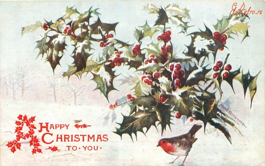 Ретро открытки - Счастливого Рождества вам. Малиновка и красные ягоды