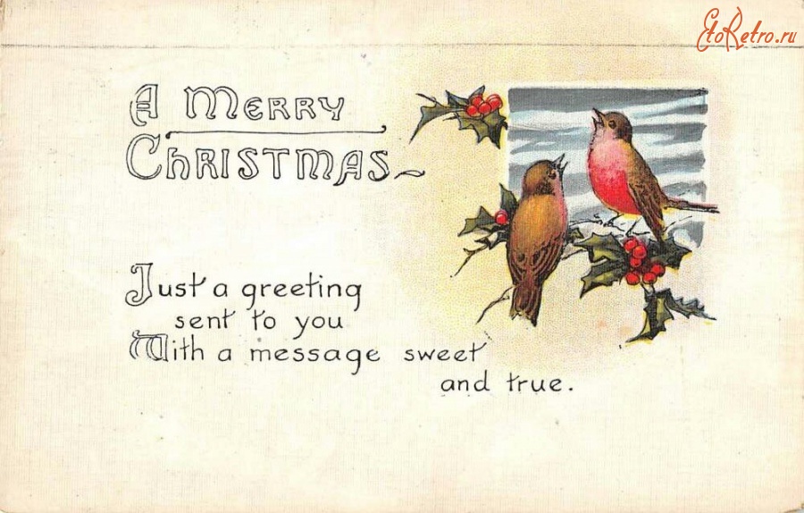 Ретро открытки - С Рождеством. Две малиновки и красные ягоды
