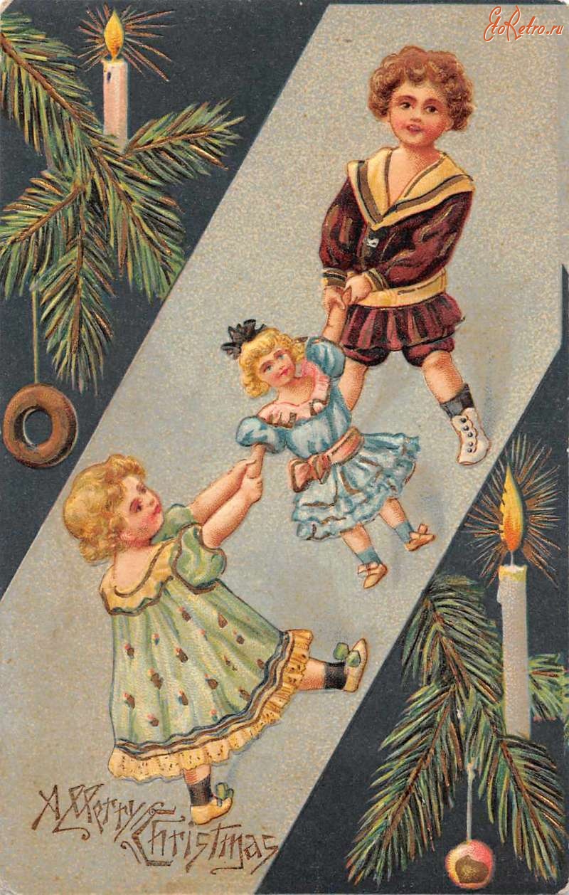 Ретро открытки - С Рождеством и Новым Годом. Дети и кукла
