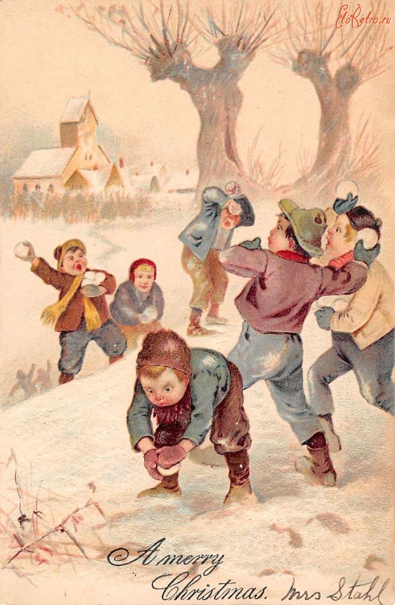 Ретро открытки - С Рождеством и Новым Годом. Игра в снежки