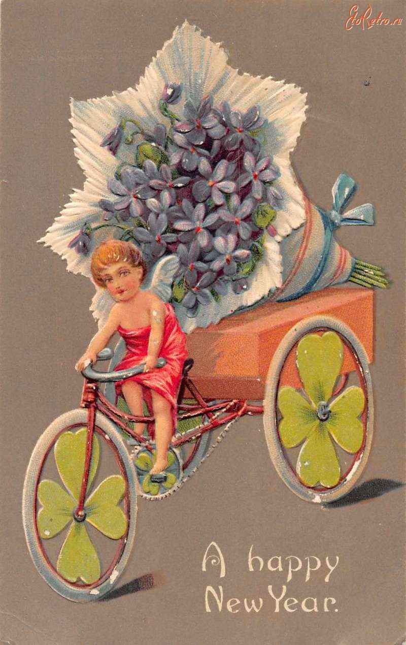 Ретро открытки - С Новым Годом. Ангел на велосипеде