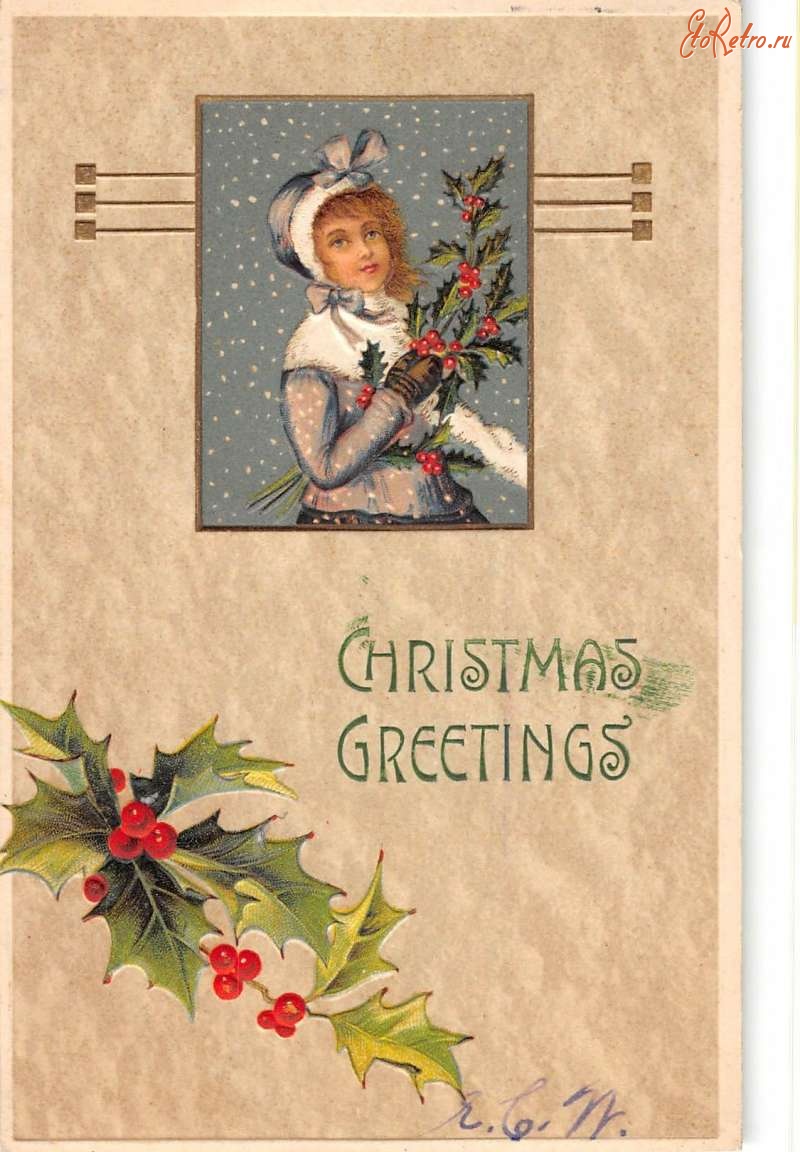 Ретро открытки - С Рождеством. Девочка с рождественским букетом