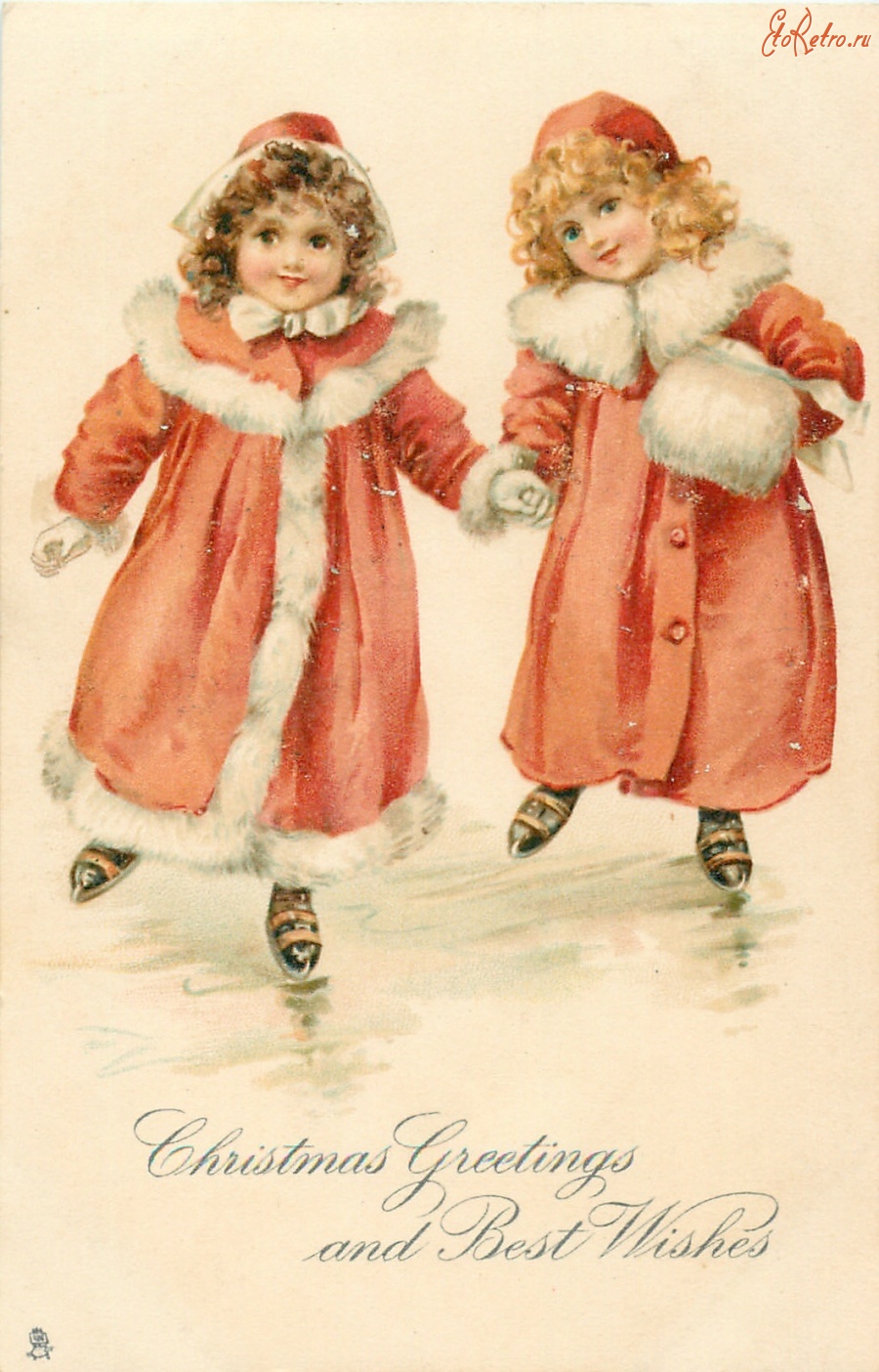 Ретро открытки - С Рождеством. Две девочки в красных шубках на катке