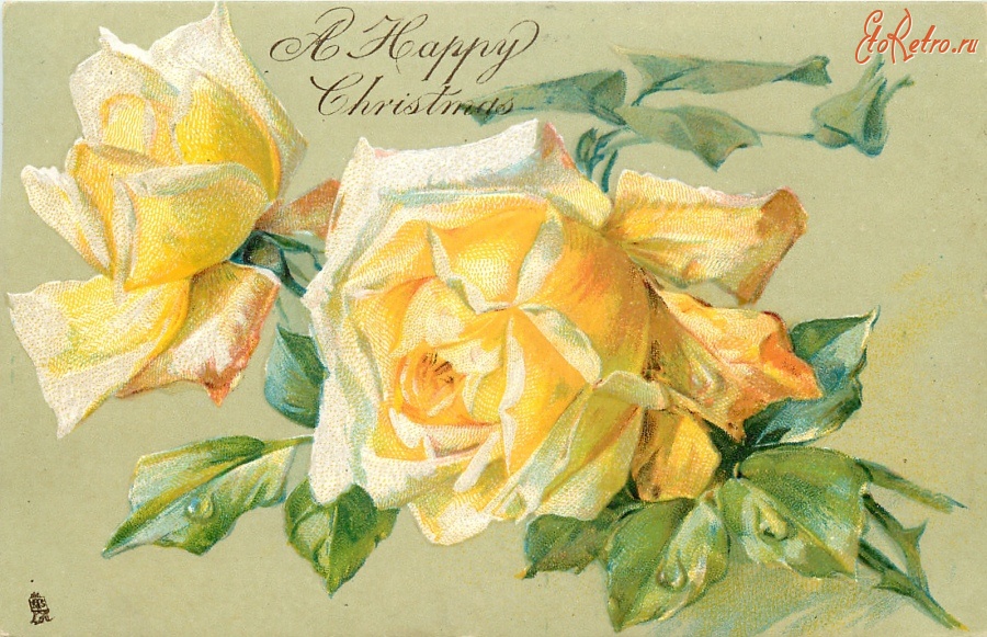 Ретро открытки - С Рождеством. Две жёлтые розы с бутоном