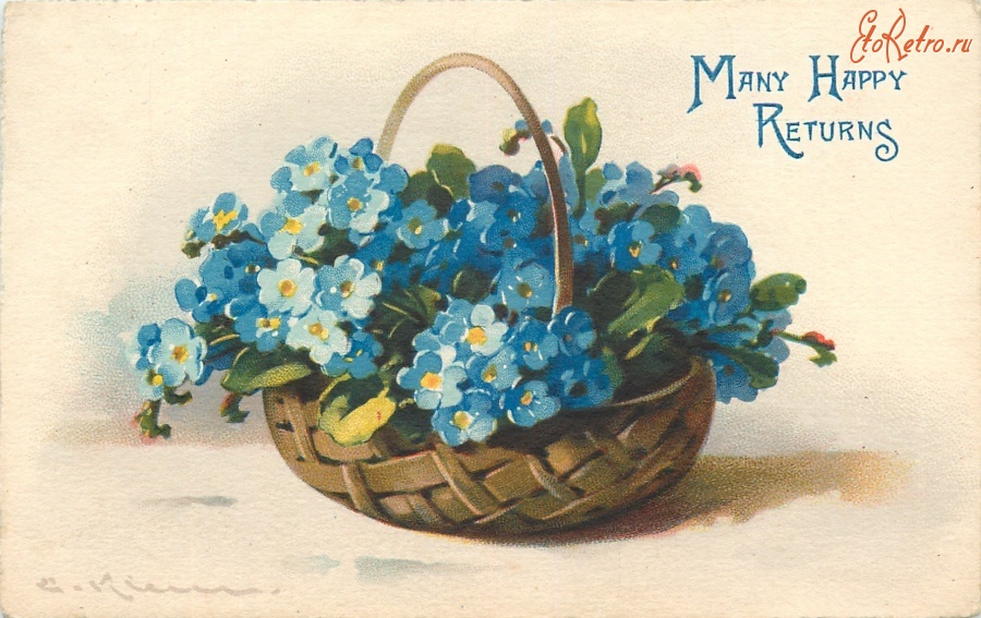 Ретро открытки - Плетёная корзина с голубыми незабудками